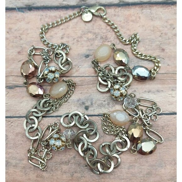 Loft Brushed Gold Tone Chain & Bead Station Necklace Crystals 36" Long - Picture 10 of 12